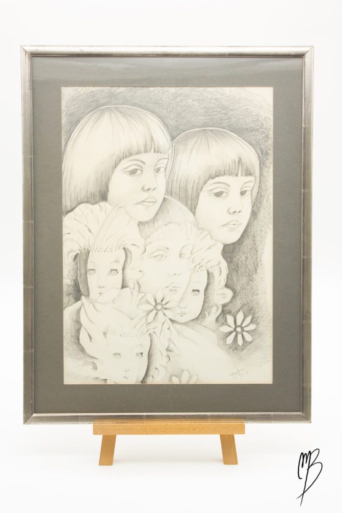 dessins au crayon noir de visages de jeunes filles se reflétant dans un miroir