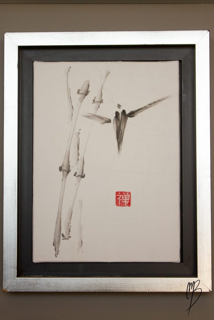 dessins Sumi à l'encre de chine d'un colibri près de canne à sucre