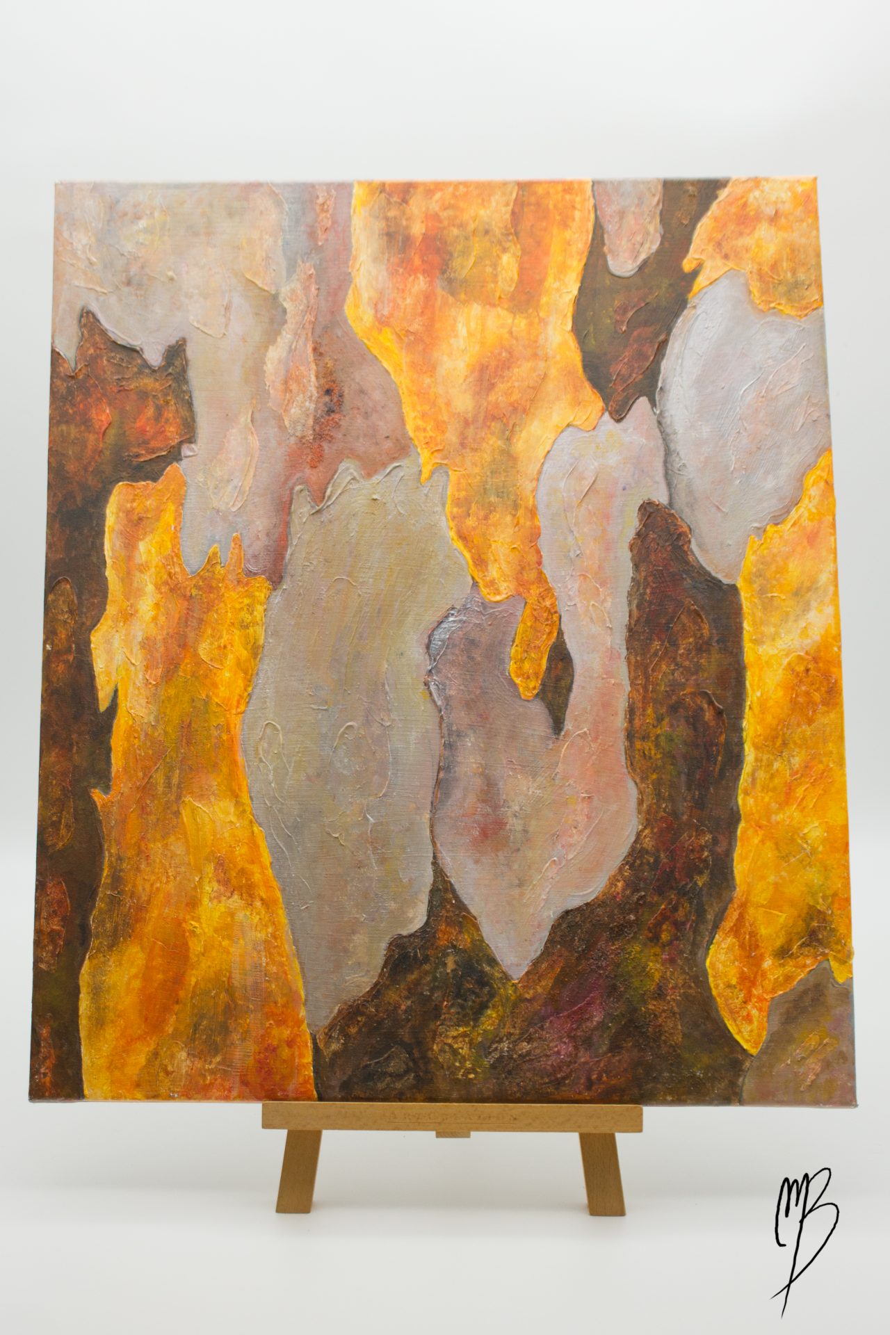 peinture acrylique d'une écorce aux couleurs d'automne
